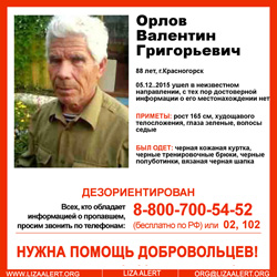 Разыскивается мужчина Орлов Валентин Григорьевич, 88 лет, который 5 декабря 2015 года в 13:00 уехал в неизвестном направлении и до сих пор не вернулся.